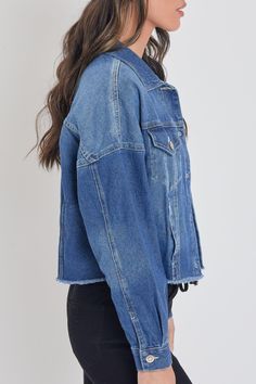 Add some edgy layers to your go-to outfits this season with our Women's Cropped Denim Jacket With Raw Hem. Complete with all standard trademarks: buttoned flap pockets, button-cuff long sleeves, exposed front button closure, basic collar, and a cropped fit with raw hem. Measurement (Based on size M) - Sleeve Length (From shoulder seam): 18” - Length: 21” - Chest: 22.5” Composition: - 81% Cotton/ 10% Polyester/ 9% Rayon • Machine wash cold. • Model is wearing a size S. Fall Streetwear Washed Blue Denim Jacket, Urban Denim Jacket With Pockets For Fall, Urban Winter Denim Jacket With Flap Pockets, Fall Urban Denim Jacket With Pockets, Washed Blue Long Sleeve Outerwear With Flap Pockets, Oversized Denim Outerwear With Flap Pockets, Fall Denim Blue Jacket With Pockets, Fall Denim Outerwear With Flap Pockets, Long Sleeve Denim Outerwear With Flap Pockets