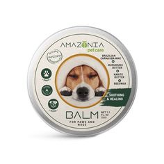 an open tin of balm for dogs with a dog's head wearing a santa hat