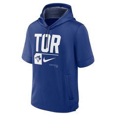 The Men's Nike Royal Toronto Blue Jays Tri Code Lockup Short Sleeve Pullover Hoodie is the perfect way to show your support for the Toronto Blue Jays. Made from soft and comfortable polyester, this hoodie features a mesh-lined hood, two front pockets, and a rounded hem with side splits. The screen-printed graphics proudly display the Toronto Blue Jays logo, making this hoodie a must-have for any fan. Whether you're cheering on the Blue Jays at the Rogers Centre or just relaxing at home, this hoo Blue Jays Logo, Toronto Blue Jays Logo, Rogers Centre, Fabric Screen, Quarter Zip Hoodie, Half Zip Top, Logo Making, Terry Fabric, Toronto Blue Jays