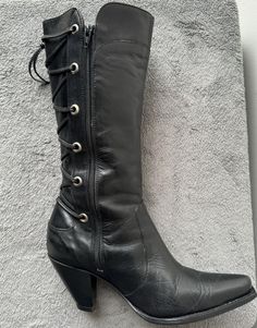 Size: 6.5 Brand: Charlie 1 Horse Closure: Side zipper  Condition: Pre-owned vintage great. Soles a little worn, but leather is in great shape. Measurements: Height 16". Heel 3". Heel to toe from exterior 10". Leather Moto Boots For Winter Festival, Fitted Leather Gothic Boots, Gothic Leather Boots For Fall, Fitted Gothic Leather Boots, Gothic Leather Lace-up Moto Boots, Gothic Lace-up Leather Moto Boots, Gothic Leather Moto Boots For Fall, Leather Festival Boots With Rivets, Festival Leather Boots With Rivets