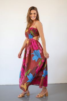 August Air Maxi Dress Brown Multi SKU | 93599 Fit | True to size Bust | Fitted- room for stretch Waist | Relaxed Length | To ankle - maxi Fabric | Cotton Beach Floor-length Cutout Dress, Floor-length Cutout Dress For Beach, Floor-length Cutout Beach Dress, Vacation Floor-length Cutout Maxi Dress, Bohemian Cutout Maxi Length Dress, Floor-length Cutout Dresses For Vacation, Cutout Sundress Maxi Dress, Sundress Style Maxi Dress With Cutout, Fitted Sundress Maxi Dress With Cutout