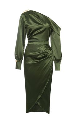 ONE-SHOULDER LONG-SLEEVE SILK PLEATED HIP DRESS Silk Dress Green, Midi Silk Dress, Stars D'hollywood, Green Satin Dress, Celebrity Inspired Dresses, Dress Weights, Sparkly Dress, Hip Dress, Green Satin