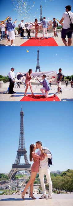 two people are kissing in front of the eiffel tower, and one person is holding