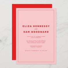 a pink and red wedding card with the words,'eliza hennessy and sam woodward '