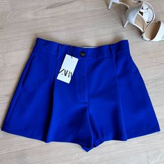 Zara Pleated Shorts Royal Blue Flattering Wide Leg Opening 3.5" Inseam Beltloops Nwt Pf/Sf Trendy Blue Shorts With Short Inseam, Blue Wide Leg Spring Shorts, Blue Wide Leg Shorts For Spring, Blue Workwear Shorts With Pockets, Blue Wide-leg Spring Shorts, Blue Wide Leg Shorts For Summer, Blue Wide-leg Shorts For Summer, Zara Shorts For Workwear, Chic High-waisted Blue Shorts