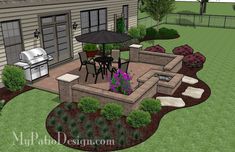 an outdoor patio with seating and grill area