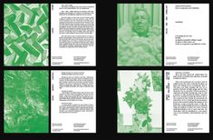 four pages with green and white images on them