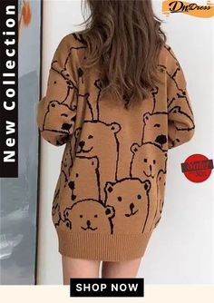 Adorable Animal Print Round Neck Loose Knit Pullover Sweeter Sweater Cute Crew Neck Cardigan, Cute Crew Neck Winter Outerwear, Casual Knitted Long Sleeve Top, Casual Long Sleeve Knitted Top, Cute Long Sleeve Soft Knit Sweater, Cute Long Sleeve Knitted Top, Cozy Long Sleeve Knitted Tops, Brown Crew Neck Knitted Outerwear, Brown Knit Crew Neck Cardigan