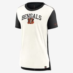 This Cincinnati Bengals T-Shirt features a bold team design and soft tri-blend fabric to help get you ready for game day. Varsity T-shirt With Team Logo For Football Season, Black T-shirt With Logo For Baseball Season, Nike Black T-shirt For Sports Season, Nike Sports Fan T-shirt With Team Name, Black Jersey T-shirt With Logo Print, Sports Event Jersey T-shirt With Team Logo, Nike Sports T-shirt With Team Logo, Sports Fan Jersey T-shirt, Nike Graphic Print T-shirt For Game Day