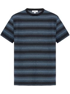 blue cotton tonal design horizontal stripe print crew neck short sleeves straight hem Relaxed Fit Crew Neck T-shirt With Horizontal Stripes, Blue Striped Short Sleeve T-shirt, Blue Crew Neck Top With Vertical Stripes, Blue Short Sleeve Top With Horizontal Stripes, Blue Horizontal Stripe T-shirt For Summer, Blue Striped T-shirt For Summer, Blue Summer T-shirt With Horizontal Stripes, Blue Striped Summer T-shirt, Relaxed Fit Horizontal Stripe Crew Neck T-shirt