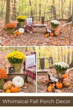 fall porch decor with pumpkins and flowers