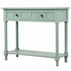 a green console table with two drawers