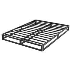 a metal bed frame with no sheets on it, and the bottom is made out of black steel