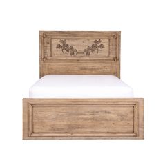 a bed with a wooden frame and headboard on it's side, against a white background