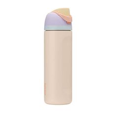 thermos insulated water bottle in pastel pink and pale blue is shown on a white background