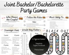 "Games specifically for a Joint Bachelor and Bachelorette party! These games will be fun for all involved. These will get you competing, drinking, dancing and more. Four Games included: 1. Who Knows the Couple? - A fun and easy game for guests and for the couple. Simply have the couple fill out their answers, and see which party goers can get the most right answers.  2. Scavenger Hunt - Who can complete the tasks and earn the most points? For each task you complete and take a picture or video of Bachelorette/bachelor Party Games, Joined Bachelor And Bachelorette Party Ideas, Bachelorette And Bachelor Party Games, Co Ed Bachelor Bachelorette Party Games, Couples Bachelor Bachelorette Party Games, Bachelor/bachelorette Party Games, Jack And Jill Bachelorette Party, Couple Bachelor Bachelorette Party Ideas, Bachelor And Bachelorette Party Combined Games