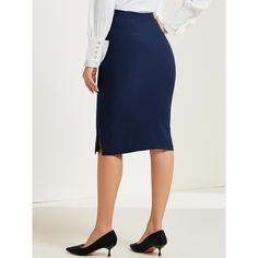 Made of stretch and soft fabric, the Bodycon classic skirt with a side split hem can be convenient for sitting all day or daily walking. A dressy casual pencil skirt designs a wrapped silhouette that hugs the body shows off your curves and makes you look more professional and urban chic. The below-knee-length pencil skirt is perfectly matched with a formal blouse or casual shirt and high heels or flats for work, business, office, party, cocktail, casual or other occasions. Split Design Pencil Skirt For Work, Elegant Workwear Pencil Skirt With Split Design, Elegant Pencil Skirt With Split Design For Work, Stretch Pencil Skirt With Split Design, Solid Color Midi Pencil Skirt For Work, Fitted Workwear Skirt With Split Hem, Asymmetrical Pencil Skirt For Work, Workwear Midi Skirt With Side Slits, Fitted Split Hem Skirt For Workwear