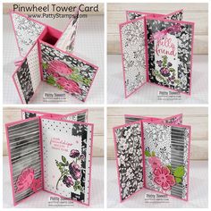 four different views of the inside of a pink and black flowered greeting card holder