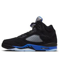 Signature mesh profile windows and reflective tops of tongues deviate from their stealthy surroundings in shades of silver, with the latter components also featuring detailing in the titular “Racer Blue” tone. SKU: CT4838-004 Release Date: 12 Feb 2022 Color: Black/Racer Blue/Reflective Silver (AJ5/SNKR/Men's/Non-Slip/High Top/Basketball/Shock-absorbing) Latest Jordans, Nike Air Jordan 5, Black Racer, Blue Air, Jordan Model, Jordan 5 Retro, Air Jordan 5 Retro, Nike Dunk High, Jordan Sneakers