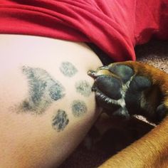 a dog laying on top of a person's leg with paw prints all over it