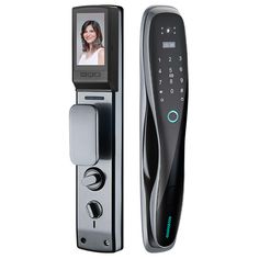 an electronic door lock with a video screen on the front and side panel showing a woman's face