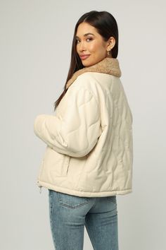 Sherpa collar jacket, long sleeve with front snap closures in quilted vegan leather body. Stylish classic, who says "cannot be warm & cool!" Solid color vegan leather on relaxed fit.Body length from HPS: 24 1/2", Sleeve length: 23 1/2", Bust: 44" (Size Small) Body: 40% PU (VEGAN LEATHER) 30% COTTON 30% POLYESTER, Lining: 92% POLYESTER 8% SPANDEX Dry clean only Imported Honey Cream, Dear John, Collar Jacket, Jacket Long, Vegan Leather, Bomber Jacket, Winter Jackets, Ruffle Blouse, Honey