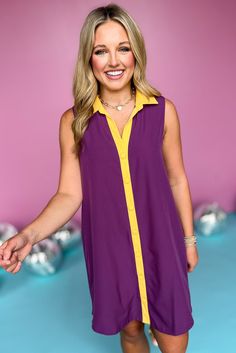 SSYS The Penelope Colorblock Collared Sleeveless Dress In Purple, dress, penelope dress, SSYS the Label, SSYS the Label dress, SSYS the Label Penelope dress, collared dress, sleeveless dress, purple dress, colorblock dress, must have dress, elevated dress, elevated style, summer dress, summer style, Shop Style Your Senses by Mallory Fitzsimmons, SSYS by Mallory Fitzsimmons Athleisure Tops, Maxi Dress Sale, Athleisure Outfits, Knee Dress, Solid Dress, Solid Tops, 15 Dresses, Our Girl, Shoes And Accessories