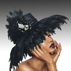 Celebrate the extravagance of exquisite plumage with this large feathered brim hat and luxurious brooch. Only for the most glamorous, this hat is fitting for any grand entrance. The adjustable interior head band allows for most head sizes. Hat Photoshoot, Black Couture, Large Hat, Large Hats, Feather Hat, Wardrobe Accessories, St Germain, Church Hats, Cloche Hat