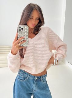 Knit sweater V-neckline, drop shoulder Good stretch, unlined 52% acrylic 28% nylon 20% polyester Cold gentle machine wash Cute Sweaters For Fall, Concert Dresses, Future Clothes, Fleece Dress, Outerwear Outfit, Tutti Frutti, Loungewear Sets, Casual Tank Tops, Tops Fall