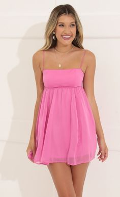 Chiffon Baby Doll Dress in Pink | LUCY IN THE SKY Baby Doll Hoco Dress, Pink Outfits Summer, Homecoming Dresses Flowy, Evening Gowns Pink, Pink Baby Doll Dress, Recruitment Dresses, Homecoming Inspo, Chiffon Babydoll Dress, Mitzvah Dresses