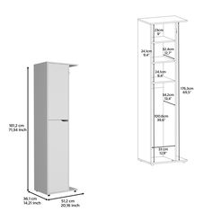 a tall white cabinet next to a drawing of the measurements for it's doors