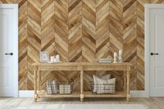 a wooden table with two baskets on it in front of a wall made out of wood planks