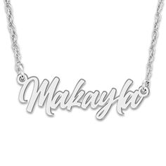 A lustrous high-polish, personalized pendant displays your name proudly in the center of this stylish women's necklace. Fashioned in 14K white gold, the 18-inch rope chain secures in place with a spring ring clasp. Personalize with up to 9 characters. Personalized Nameplate Jewelry With Polished Finish, White Gold Nameplate Necklace For Personalized Gift, Personalized White Gold Nameplate Necklace, Personalized Gift White Gold Nameplate Necklace, White Gold Polished Nameplate Necklace, White Gold Name Pendant Necklaces, White Gold Nameplate Necklace With Polished Finish, Sterling Silver White Gold Name Necklace With Polished Finish, White Gold Sterling Silver Name Necklace With Polished Finish