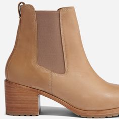 A little lift goes a long way. Designed for all-day wear and versatility, the staple Ana Heeled Chelsea Boot is a next-level confidence booster that’ll work with you wherever you go. | Women's Ana Go-To Heeled Chelsea Boots Almond . Brown Size 7 Nisolo Shoes, Heeled Chelsea Boots, Confidence Boosters, Busy Lifestyle, Heel Caps, Chelsea Boot, Rubber Heels, Sustainable Materials, Side Panels