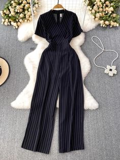 Lasaky - Fashionable and Stylish High-Waisted Wide Leg Jumpsuit with Vertical Stripes for Casual getaways Cheap Fitted High Rise Jumpsuits And Rompers, Vertical Stripes, Wide Leg Jumpsuit, Three Quarter Sleeves, Quarter Sleeve, Olivia Mark, High Waisted Pants, Dressmaking, Three Quarter