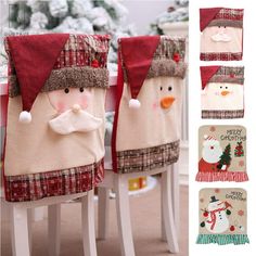 two christmas decorations sitting on top of wooden stools with santa hats and snowmen