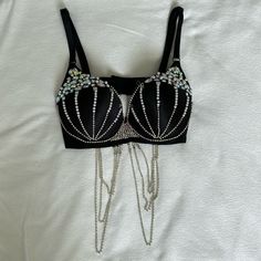 How Sexy Is This Bra Top? Jet Black With Rhinestone And Pearl Accents Throughout. Padded. Underwire. Adjustable Straps. Size Small. Brand New With Tags. Perfect For Clubbing Cochella Or Festivals Gothic Mermaid, Lace Bustier Top, Lace Halter Top, Floral Bustier, Chain Bra, Black Corset Top, Plaid Crop Top, Tie Dye Crop Top, Lace Bustier