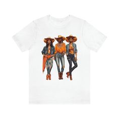 Get your western flair on with this Texas-inspired tee! Designed on an adult unisex top, this shirt boasts a trio of brown skin cowgirls dressed in modern western attire, making it the perfect statement piece for rodeo enthusiasts and fashion-forward individuals alike.Made from 100% cotton, this soft and comfortable top is ideal for everyday wear, whether you're lounging at home or out on the town. Available in a variety of sizes and colors, it features a retail fit with sturdy side seams for ad Western Crew Neck Tops For Country Events, Casual T-shirt For Western-themed Fall Events, Country Style Tops For Fall Country Events, Country Style Tops For Fall Rodeo, Fall Ranch Crew Neck T-shirt, Graphic Tee For Rodeo And Spring, Spring Graphic Tee For Rodeo, Spring Rodeo Graphic Tee, Western Tops For Rodeo In Fall