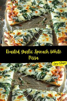 several slices of roasted garlic spinach white pizza on a baking sheet with text overlay that reads roasted garlic spinach white pizza