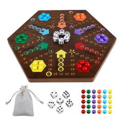 a wooden board game with dices and pieces