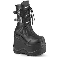 WAVE-150 Black Vegan Leather Mid-Calf Boot Demonia US Size (Women's): 6 Alternative Shoes, Festival Shoes, Punk Boots, Gogo Boots, Cosplay Shoes, Wings Design, Womens Knee High Boots