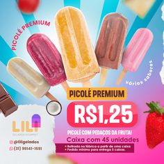 an advertisement for ice cream with popsicles and strawberries on them, in spanish