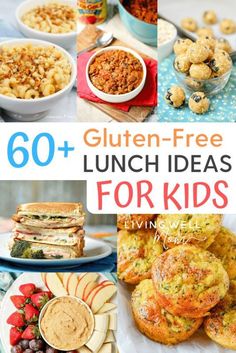 the cover of 60 + gluten - free lunch ideas for kids