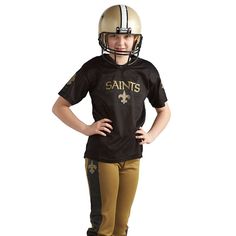 With team graphics on the jersey, pants and helmet, this Franklin Sports New Orleans Saints football uniform offers an authentic NFL feel. In black/gold.Gift Givers: This item ships in its original packaging. If intended as a gift, the packaging may reveal the contents. Athletic cut Double-knit pants with elastic trim Molded-plastic helmet with foam padding, face mask and adjustable chinstrap Iron-on number kit for customization Set includes: short-sleeved jersey, pants, helmet & iron-on number Functional Team-colored Activewear For Sports Events, Football Player Costume, Pretend Play Costumes, New Orleans Saints Football, Saints Football, Football Uniform, Nfl Green Bay, Football Uniforms, Football Kids