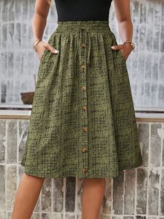 Army Green Casual Collar  Woven Fabric Plain,Textured Pattern A Line,Flared Embellished Slight Stretch  Women Clothing Casual A-line Beach Skirt, Casual Non-stretch Midi Length Skirt, Green Buttoned Skirt For Summer, Non-stretch Vacation Skirt With Pockets, Summer A-line Skirt With Buttons, Knee-length Beach Skirt With Pockets, Casual Button Skirt For Vacation, Green Skirt With Pockets For Beach, Girls Cotton Dresses