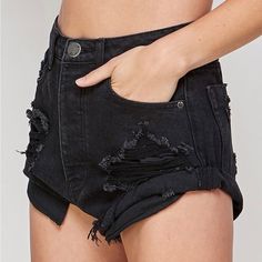 Distressed High Waisted Black 100% Cotton High Waist Distressed Bottoms For Beach, Summer Ripped Washed Black Bottoms, Summer Distressed Washed Black Bottoms, Black Cutoff Bottoms For Summer, Black High Rise Shorts For Summer, Edgy Washed Black Summer Bottoms, Black Ripped Bottoms For Summer, Ripped Black Bottoms For Summer, Summer Ripped Black Bottoms