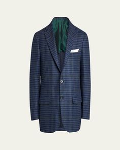 Kiton sport coat featuring a mini check pattern with windowpane overcheck    Singlebreasted silhouette; 3 rolled to 2 buttons    Notched lapels    Chest welt pocket    Side flap pockets    Unfinished sleeves    Doublevented back    Cashmere/wool    Made in Italy Mens Cashmere, Cashmere Wool, Check Pattern, Bergdorf Goodman, Sport Coat, Flap Pocket, Welt Pocket, Mens Jackets, Tops Designs