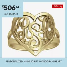 a gold ring with the words personalized 18mm script monogram heart