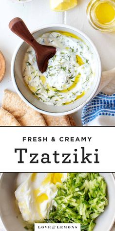 fresh and creamy tzatzziki dip with bread on the side