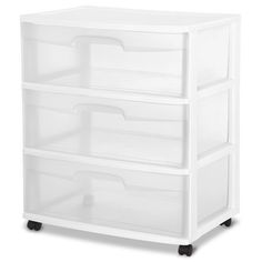 three drawers with wheels on each side and four bins on the bottom, all in white